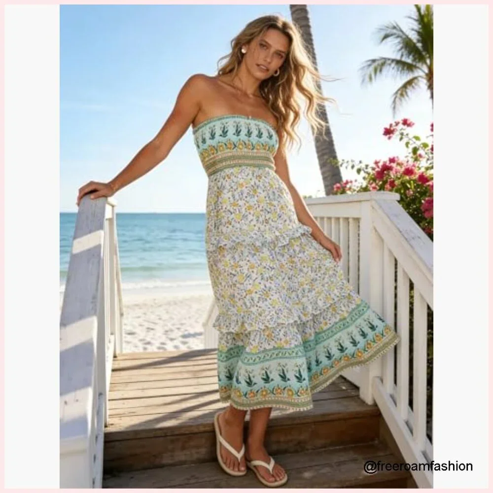 Strapless Maxi Dress Boho Floral Smocked Waist A-Line Summer Beach - Picture 2 of 7